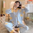 thumbnail image 1 of Conjunto de pijama de algodón con solapa para mujer, traje de pijama holgado informal con estampado de dibujos animados, ropa de casa para otoño e invierno, 2021, 1 of 4