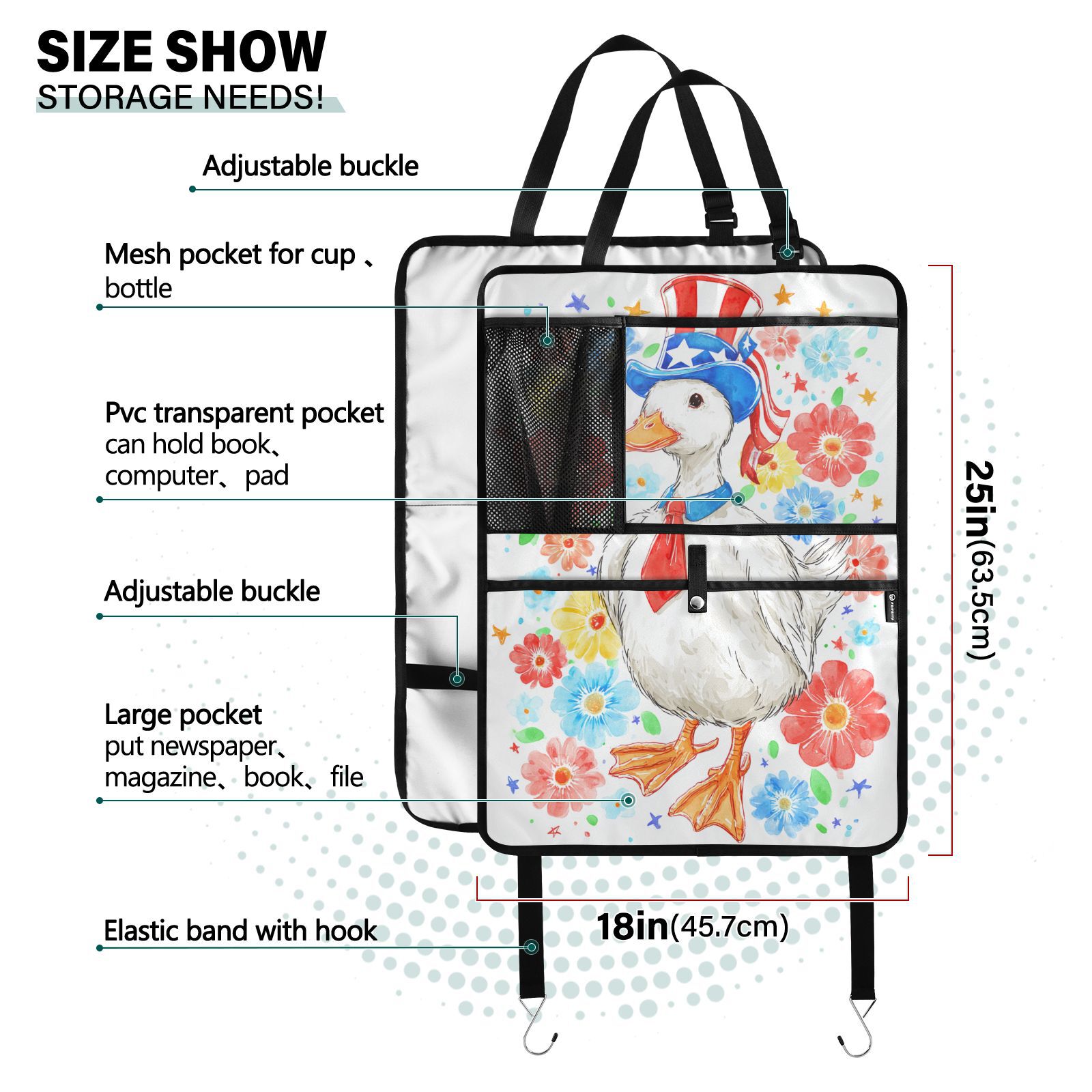 Patriotic duck floral hat tie Kick Mats (256 Pack) - Car Seat Back Protectors, Premium Waterproof Fabric, Reinforced Corners to Prevent Sag, and Mesh Pockets for Large Storage