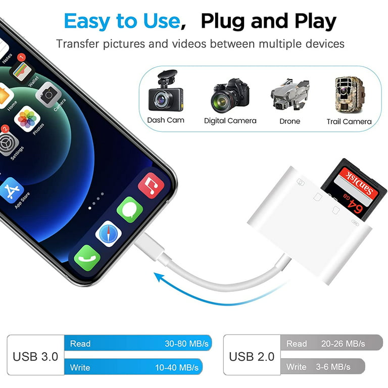 Lightning to SD Card Camera Reader, USB Camera Adapter 4 in 1 USB Female OTG Adapter (UPGRADED VERSION) - White -