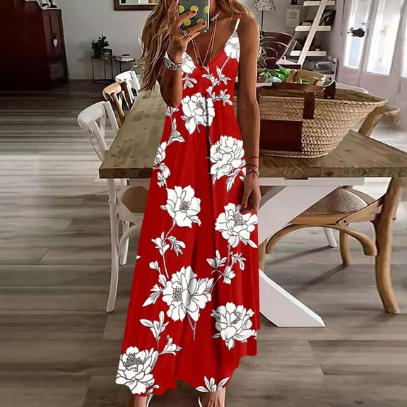 Gamivast Boho Dresses for Women Relaxed Flowy V Neck Spaghetti Strap Long Dress Sleeveless Sundress Vintage Botanical Floral Print Vacation Cruise