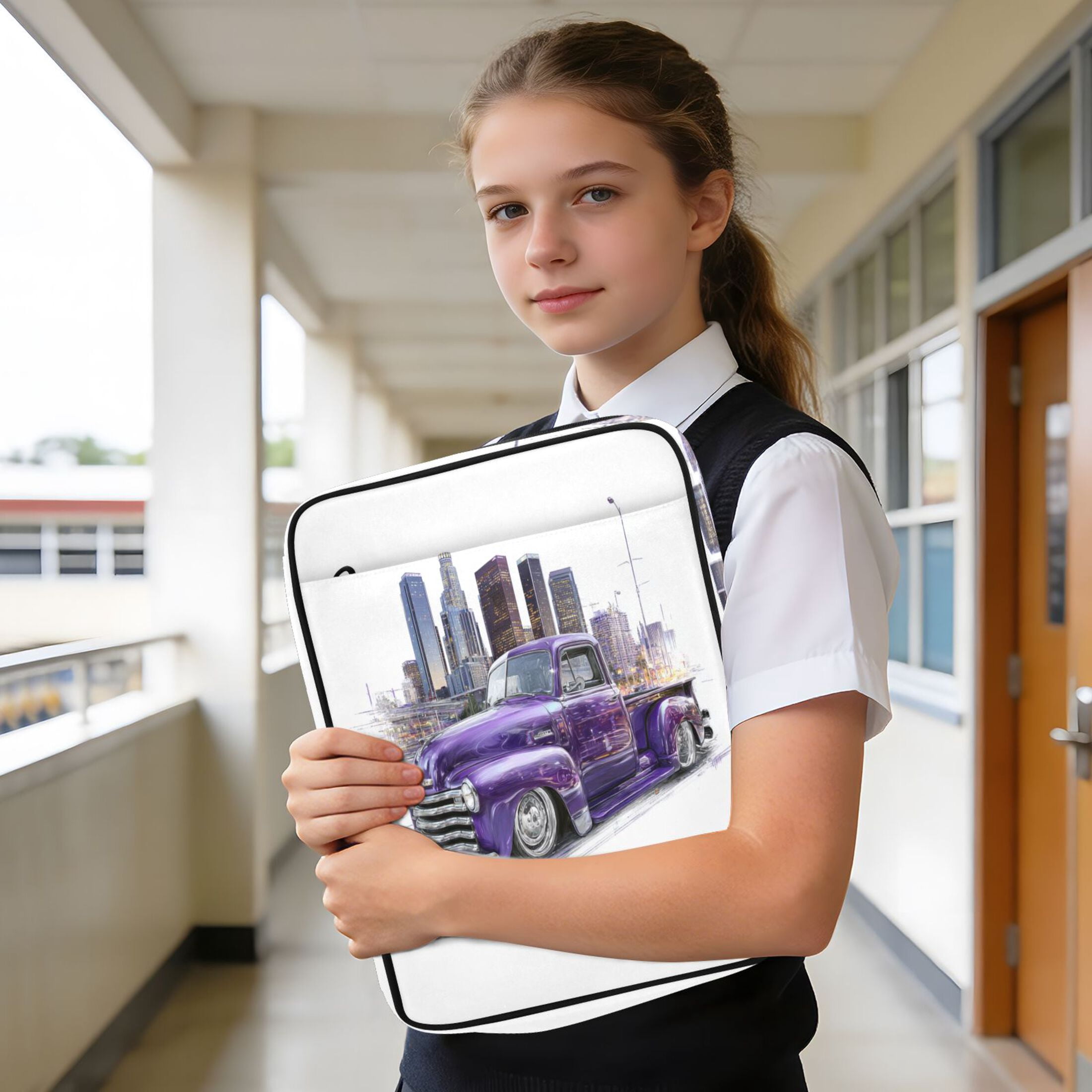 3 Ring Zipper Binder with Accordion File Organizer Waterproof Back to College Binder - 7 Layer Document Organizer for Study Home Office College Travel Supplies Vintage Purple Truck