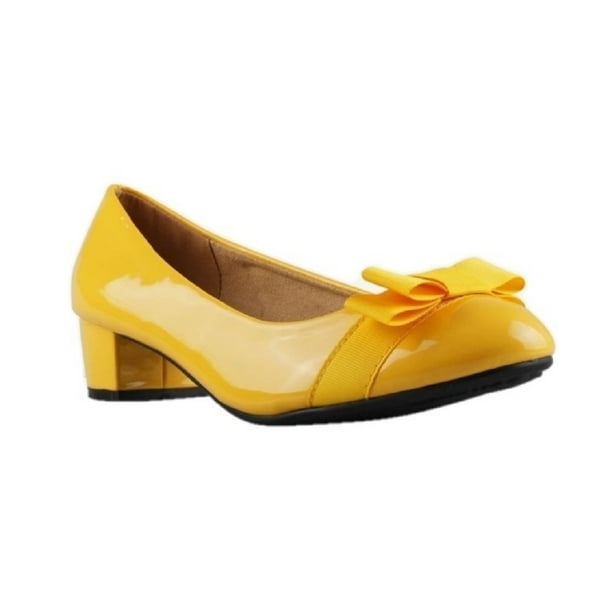 Krisp - Zapatos de piel con tacón bajo y lacito para chica mujer (Amarillo)