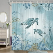 Sea Turtle Shower Curtain Teal Blue Ocean Beach Coastal Waterproof Fabric Bathroom Curtain ,60x72in