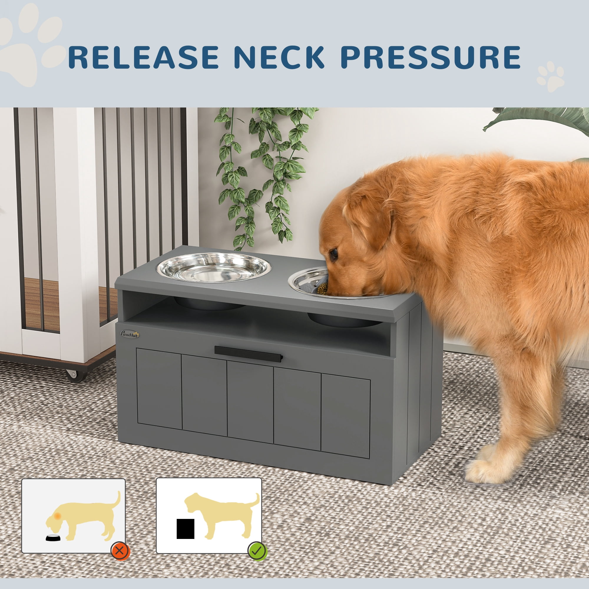 PawHut Elevated Dog Bowls, Raised Dogs Bowl Stand with 2 Stainless Steel Bowls, 25L Storage Drawer and Slow Feeder Mat
