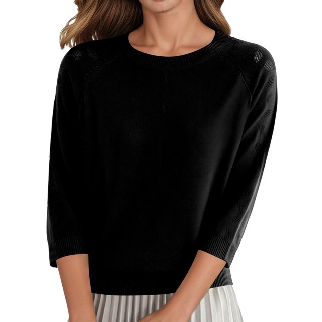 Krdevn Chandail-Over Décontracté pour Femmes Couleur Unie Col Rond Manches Trois-Quarts Doux Confortable Léger, Taille : 3TG