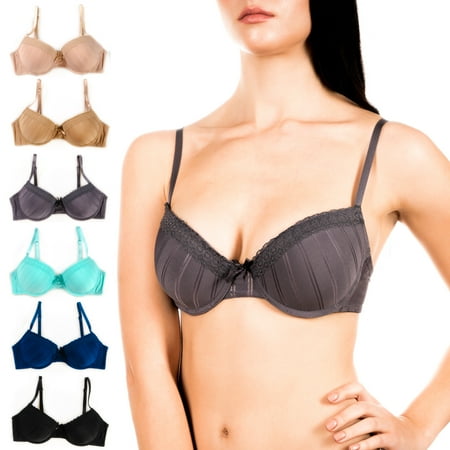 Alyce Intimates Womens Shadow Stripe Bra with Lace Trim, Pack of 6