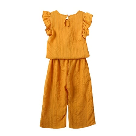 

Wuffmeow Summer Baby Girls Flare Sleeve T-shirt Tops+Cropped Trousers Suits