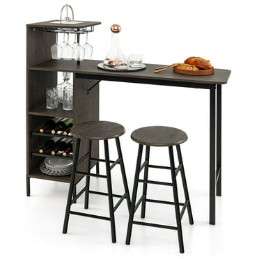 3pcs Bar Table and Chairs Set Industrial Pub Table & Stools w/6-Bottle Wine Rack