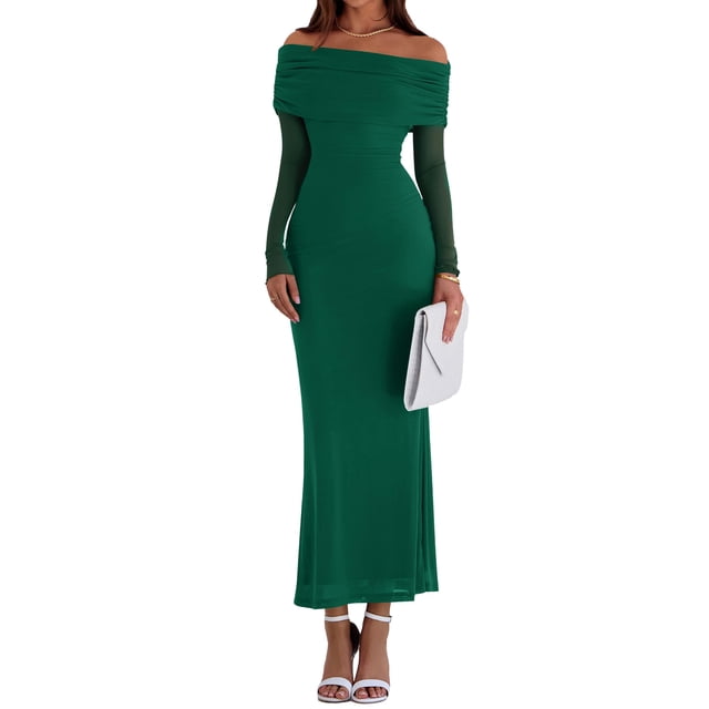 Vestido PRETTYGARDEN Maxi Verde con Hombros Descubiertos y Mangas Largas XL
