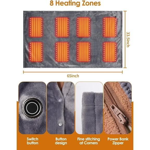 USB Heated Blanket, Battery Operated Cordless Portable Electric Heated Shawl with Rechargeable 10000mAh Power Bank