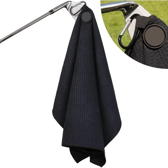 Magnetic Golf Towel-Max N52 Industrial Magnet with Rubber Cover and Carabiner, Top-Level Microfiber, Strong Hold to Golf Carts or Clubs, 24x16inch Lager Size, Functional and Durable&Black