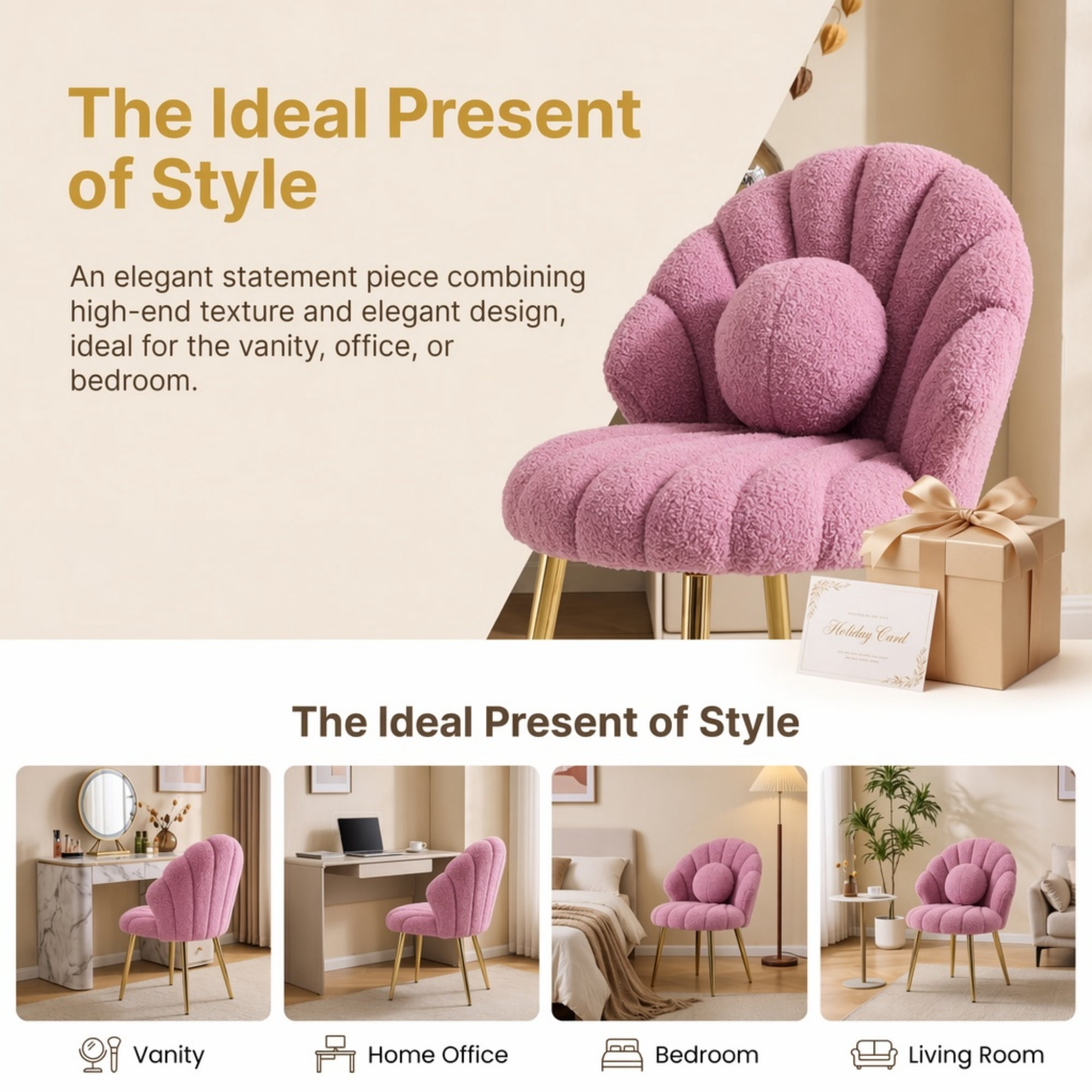 Ktaxon Vanity Makeup Chair with Teddy Velvet, Shell Design Accent Desk Chair with Lumbar Pillow and Gold Legs, Office Seating for Women Purple