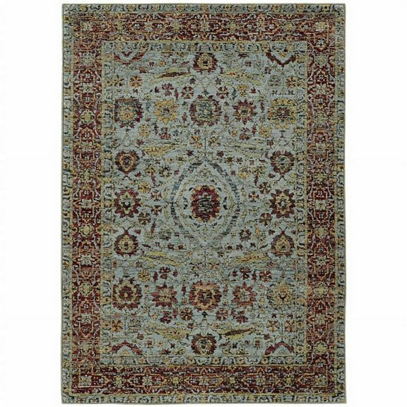 HomeRoots  10 x 13 ft. Blue Red Green & Gold Oriental Power Loom Stain Resistant Rectangle Area Rug