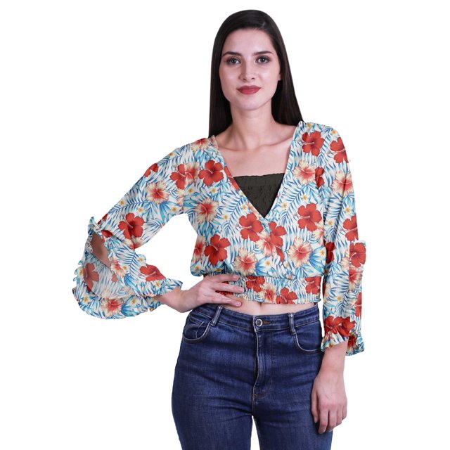 Moomaya Haut Court Imprimé pour Femmes Style Enveloppant Manches Longues à Volants Blouse d'Été Décontractée