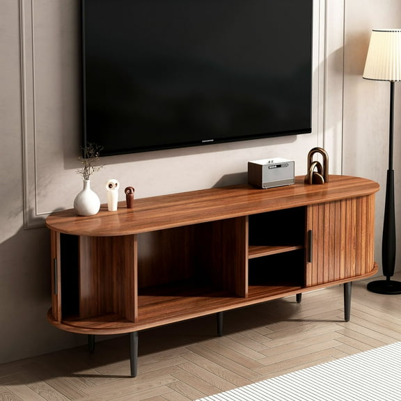 CQSXDA 55" Walnut TV Stand Console Table with Storage Compartment and Sliding Door for Living Room