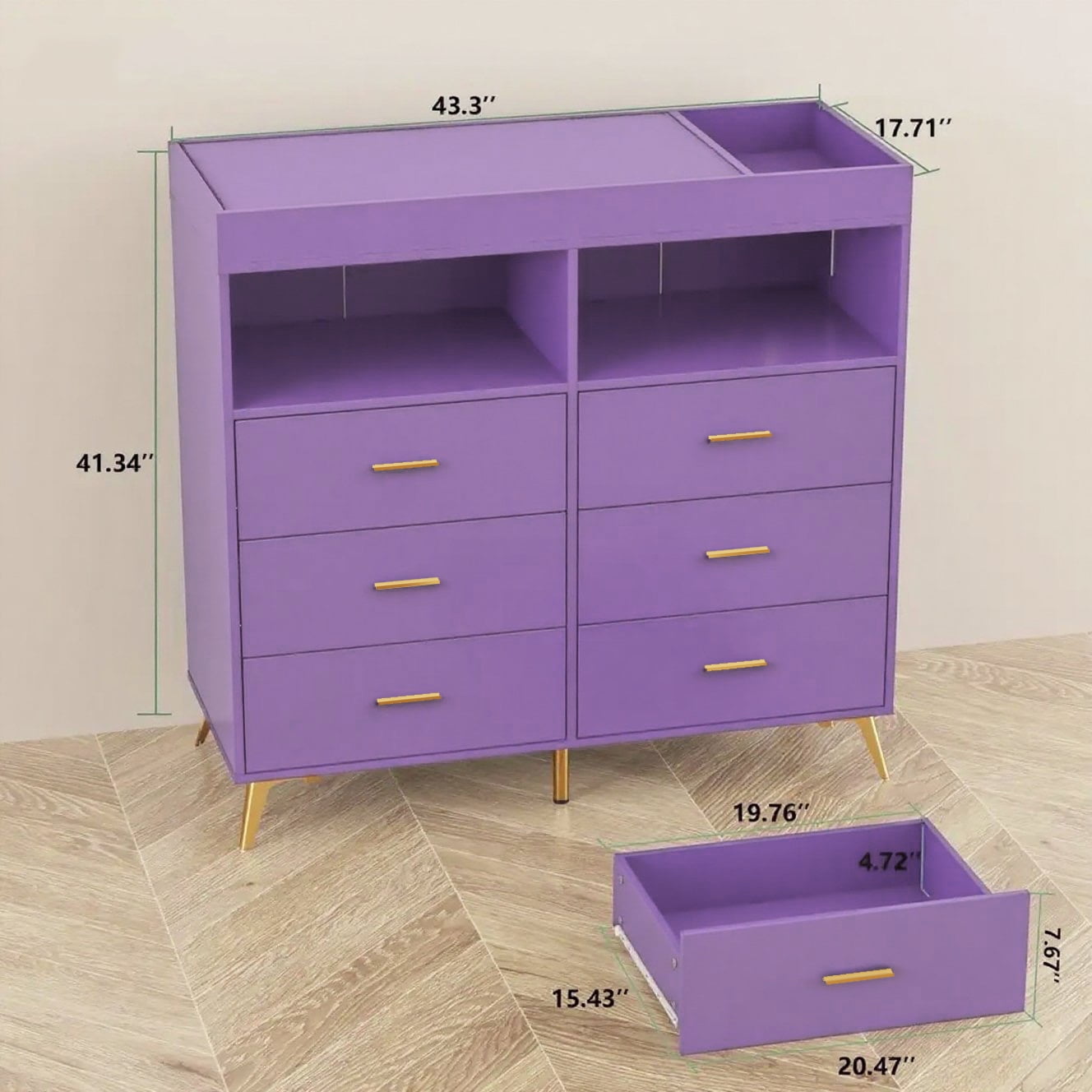 Baby Changing Table Dresser with 6 Drawers, Baby Nursery Dresser, LED Lights & Charging Station – Multifunctional Nursery Dresser with Removable Changing Top, Anti-Tip Design