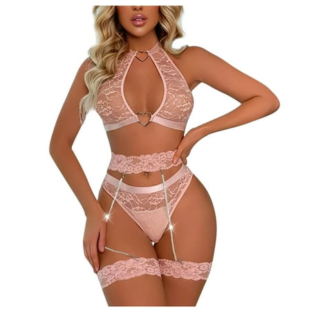 

XHJUN Lingerie Set for Women Sexy Naughty Lace Halter with Garter Belts Strap Babydoll Bralette Bra and Panty Set Pink XL