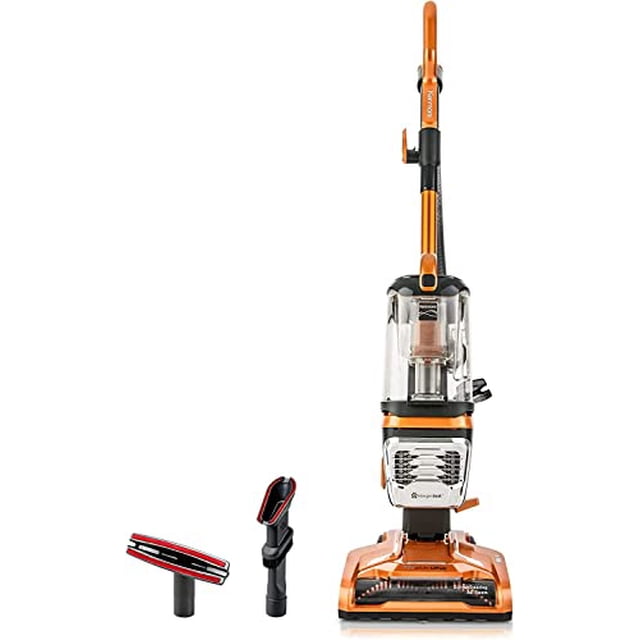 aspiradora vertical sin bolsa kenmore du4080 featherlite lift-up, con dos motores de succión potente: vista frontal de la aspiradora naranja y negra con depósito transparente y base con cepillo rotativo y luz LED, tubo largo y cápsula Lift-Up para escaleras, filtro HEPA en el módulo de polvo y dos herramientas para pelo de mascotas; también adecuada para limpiezas rápidas en interiores de autos.