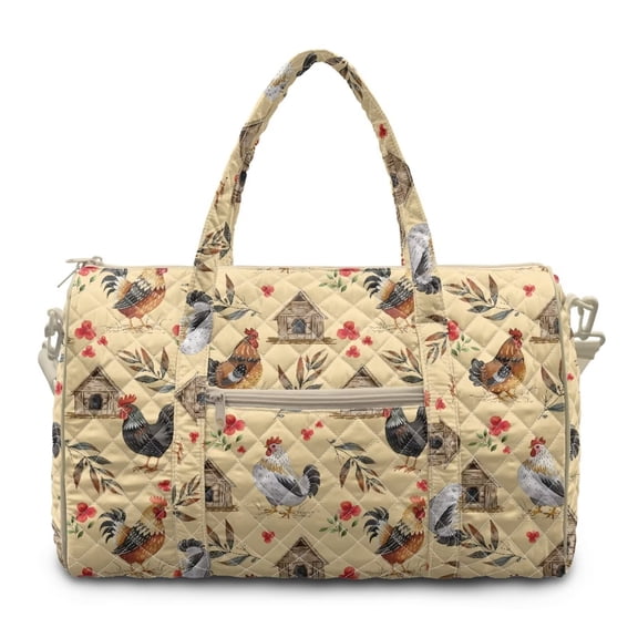 Garronmavis Large Quilted Duffle Bag for Women Chicken Rooster Print Weekender Travel Bag Carry On Overnight Gym Dance Tote with Luggage Sleeve Zipper Pockets