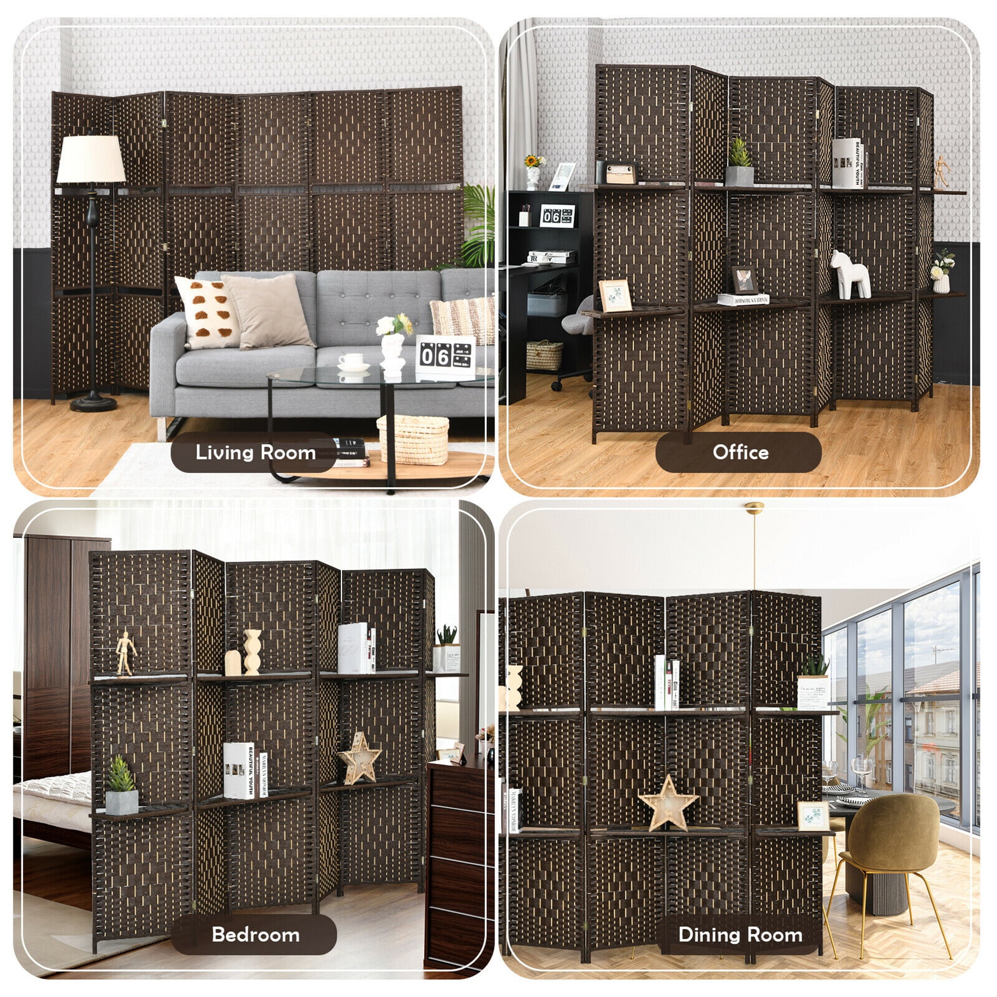 Gymax Brown 6 Panel Folding Room Divider 6Ft Weave Fiber Screen W/ 2 Display Shelves