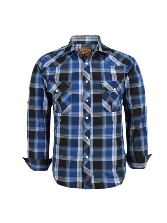 Men's Western Shirt Cowboy Plaid Country Pearl Snap Button Long Sleeve Two Pockets Work Shirts 04 Bule White Black Medium