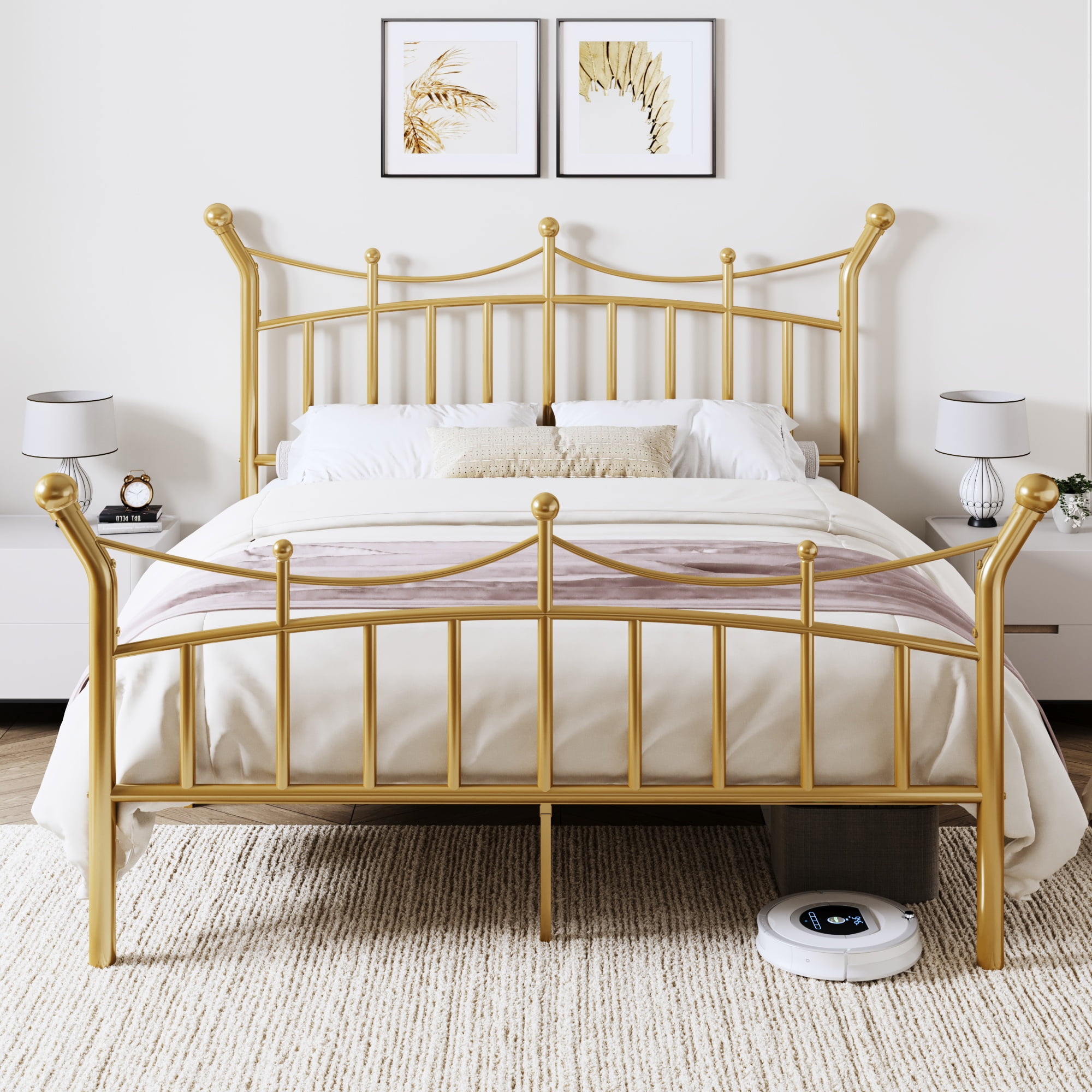 Allewie 14 Inches Queen Size Metal Platform Bed Frame with Elegant Crown Headboard & Footboard, Sturdy Mattress Foundation with Under-Bed Storage, Easy Assembly, No Box Spring Needed, Gold