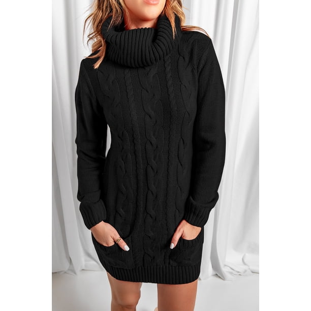 ABPHQTO Vestido de suéter de punto de ochos con cuello vuelto negro para mujer