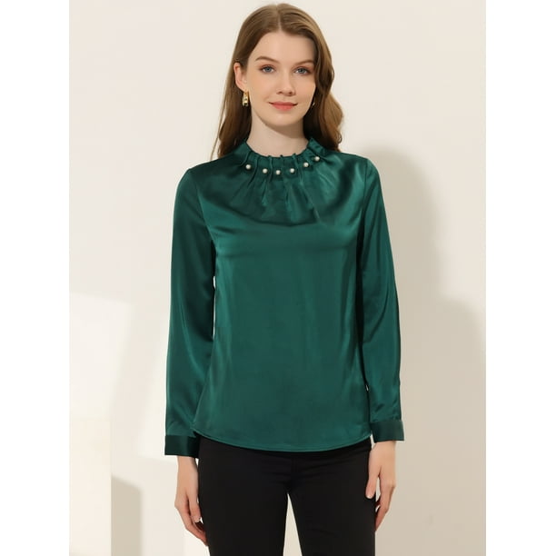 Blusa Allegra K Satén Manga Larga Escote Plisado Elegante Verde Oscuro XL - Main Image