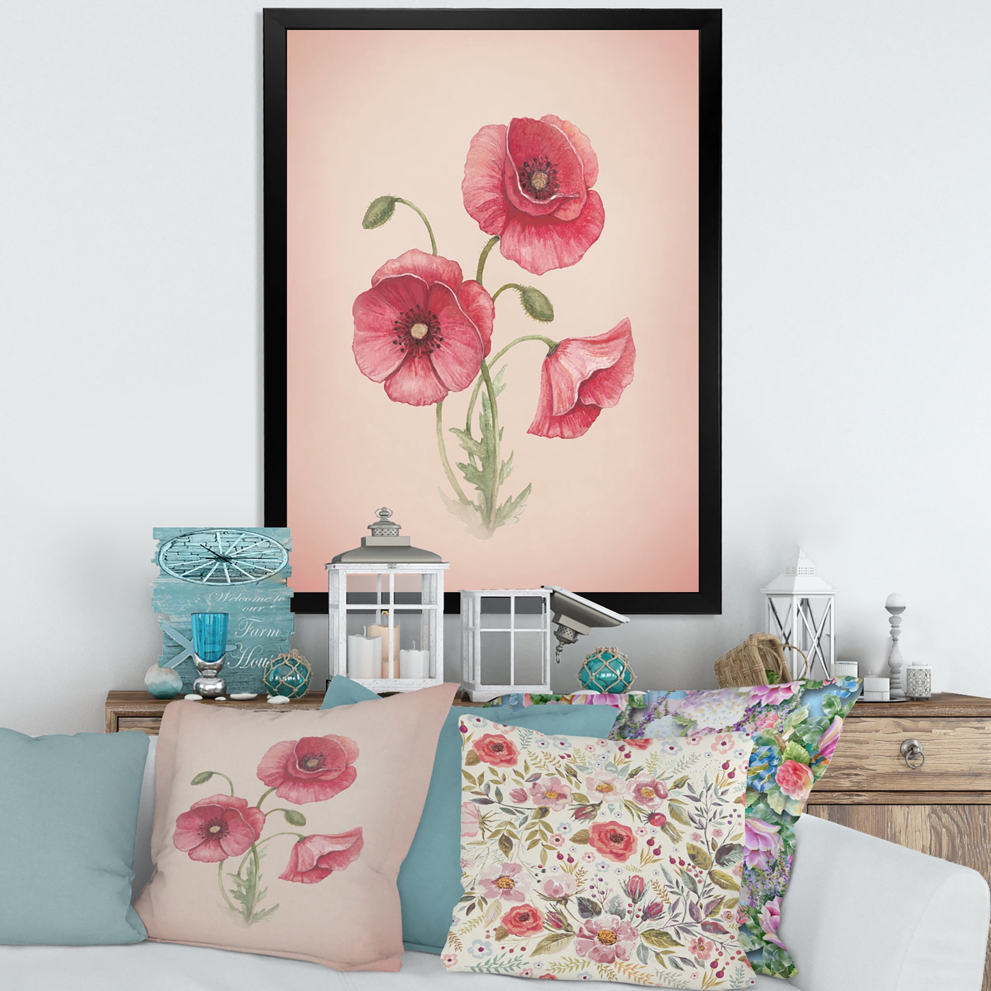 Designart 'Poppy Retro Flowers' Vintage Framed Art Print