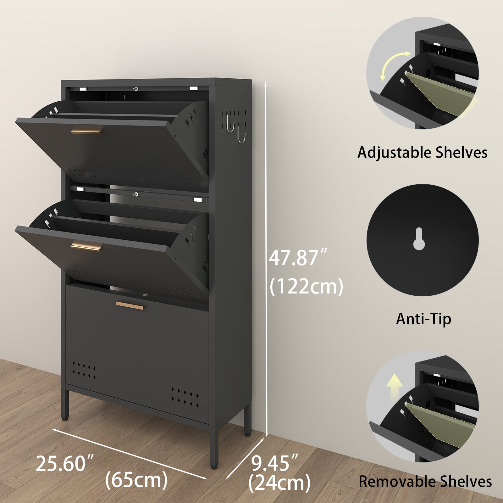 High-Leg Tilt Out Shoe Cabinet, Modern Large Capacity Rack With Side Hooks Heavy Duty Carbon Steel Anti Tip Entryway Cabinet Multi Layer Floor-Standing, Classic Black