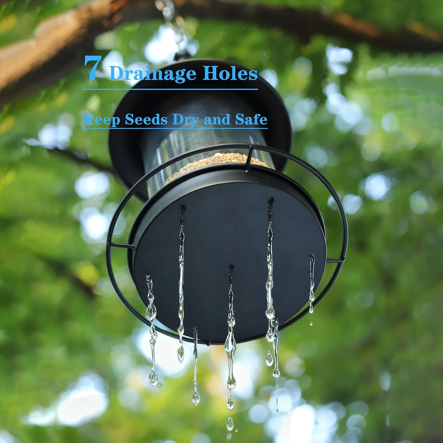 Bird Feeders for Outdoors,Hanging Bird Feeder with Locking Lid, Metal Birdfeeder with 17.5cm Weatherproof Large Roof&Tray,3 Feeding Perches,Chew-Proof, Black,1 Pack$$Garden & Patio