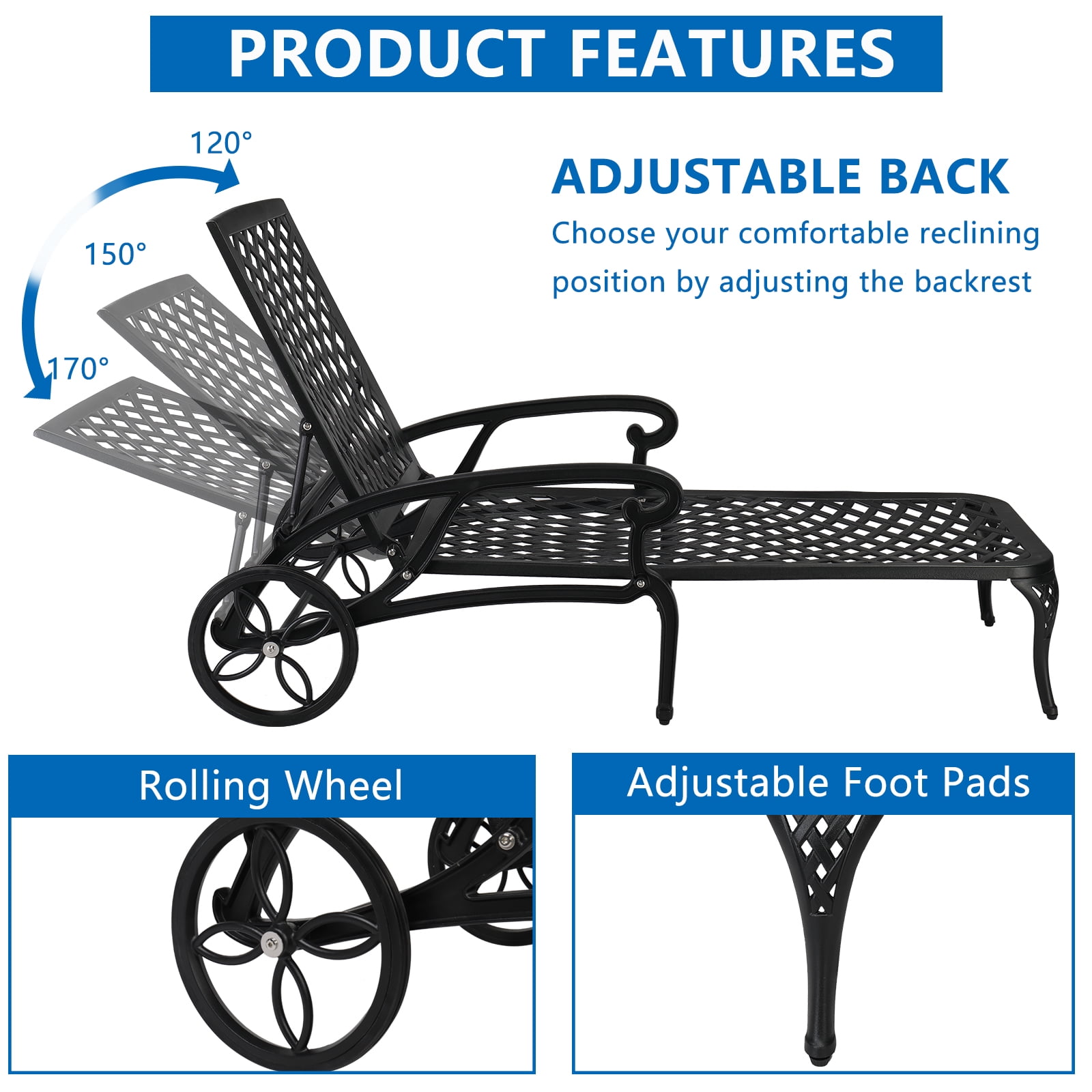 Ktaxon 2 Pack Outdoor Aluminum Lounge Chair Sunbed Lounge Chaise Chair w/ Adjustable Backrest for Patio Garden Poolside, Black