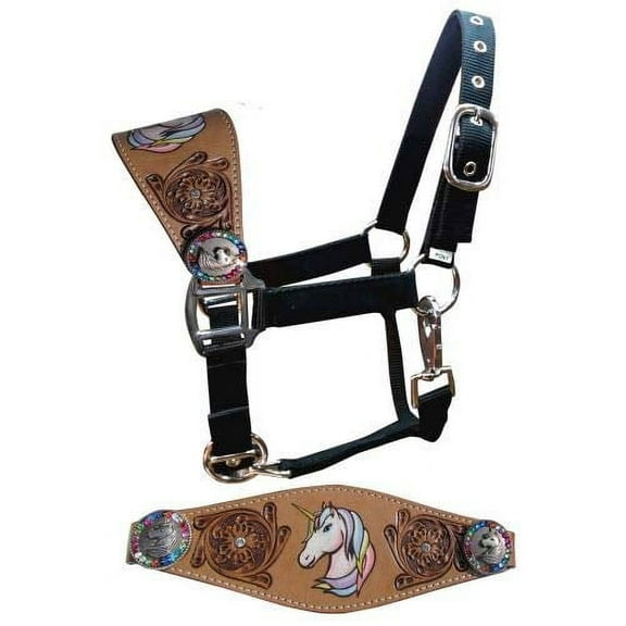 Showman Pony Leather Bronc Halter w/ Painted Unicorn & Rainbow Crystal Rhinestone Conchos