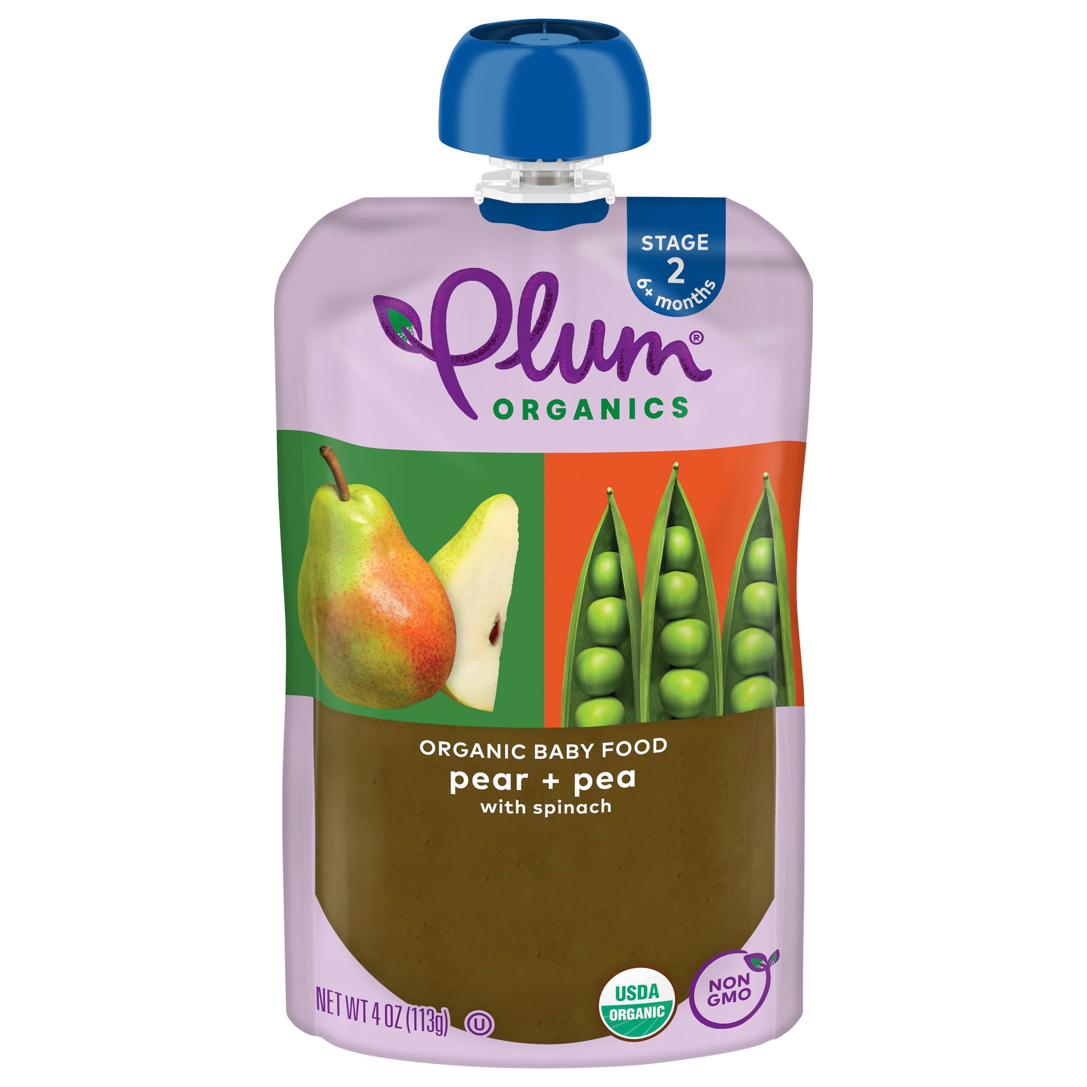 (12 pack) Plum Organics® Stage 2 Organic Baby Food Pear + Pea with Spinach 4oz Pouch
