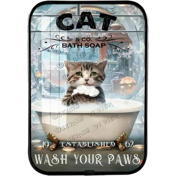 Cat Wash Your Paws Framed Wooden Wall Art, Funny Bathroom Wall Art, Crystal Porcelain Painting, Cat Gift for Cat Lover, Funny Cat Gifts for Home Decoration Black Framed Art 12x8 inches