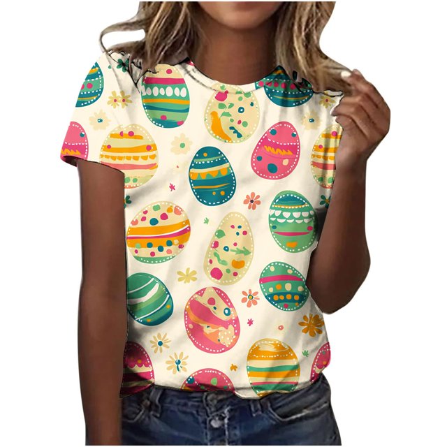 Pisexur Hauts pour Femmes Blouses Décontractées Élégantes Imprimé de Pâques Manches Courtes Col Rond, Grande Taille Multicolore, TG