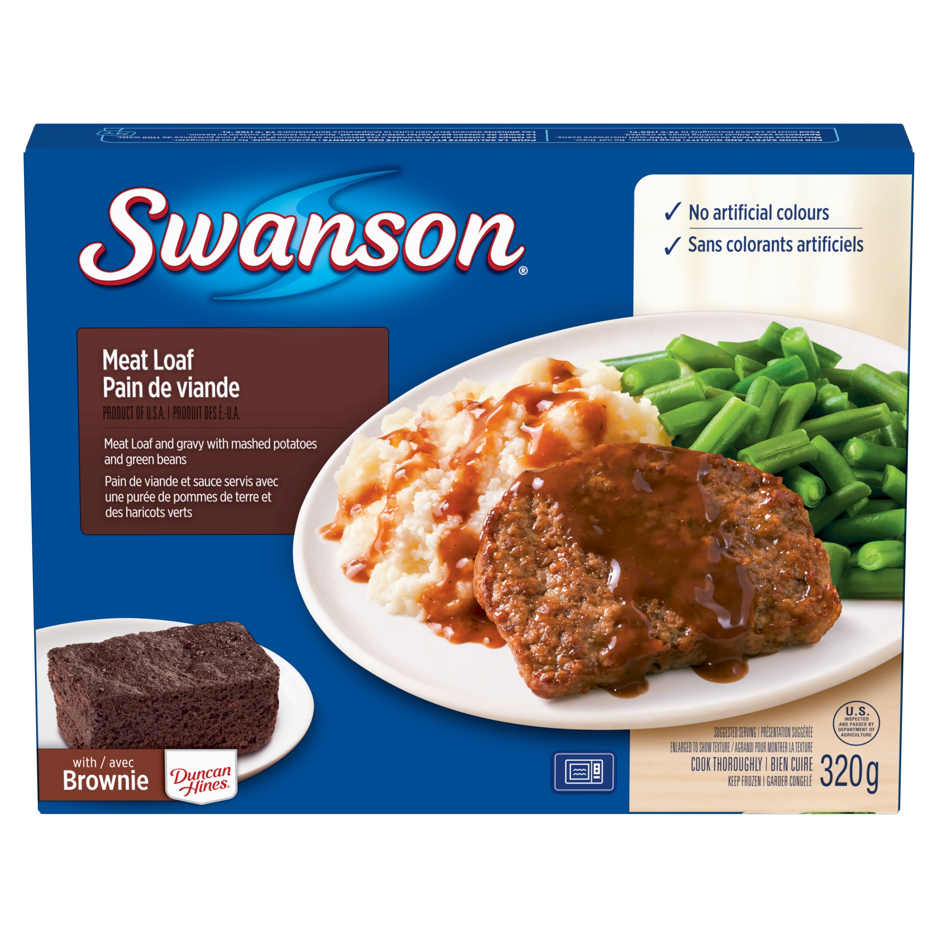 Swanson Meat Loaf: frozen meal, with mashed potatoes, green beans, and a brownie, 320g