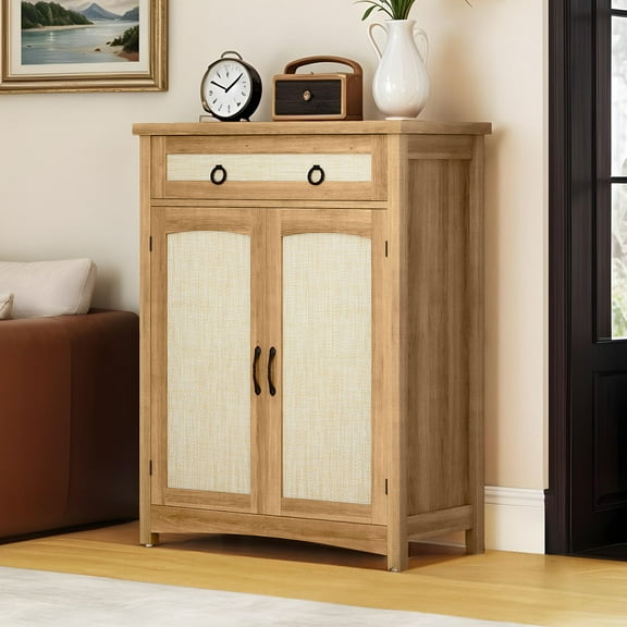 Uforic Shoe Cabinet with Drawers& Door, Rattan Freestanding Shoe Rack Organizer for Entryway, Oak