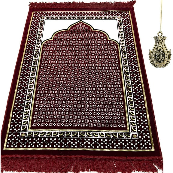 Modefa Turkish Islamic Thin Velvet Prayer Rug Carpet Janamaz Sajjadah with Free Car Hanger - Dancing Rose Vine Red