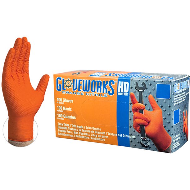 Gloveworks Heavy Duty Orange Nitrile Diamond Textured Industrial