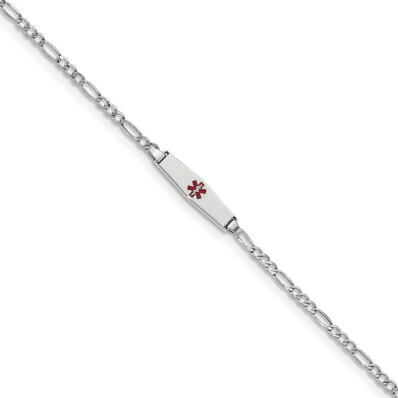 Primal Gold 14 Karat White Gold Medical Semi-Solid Soft Diamond Shape Red Enamel Figaro ID Bracelet
