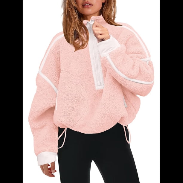Sudadera de Mujer con Media Cremallera, Suave y Extragrande, con Bolsillos, Cálida y Afelpada. Rosa S