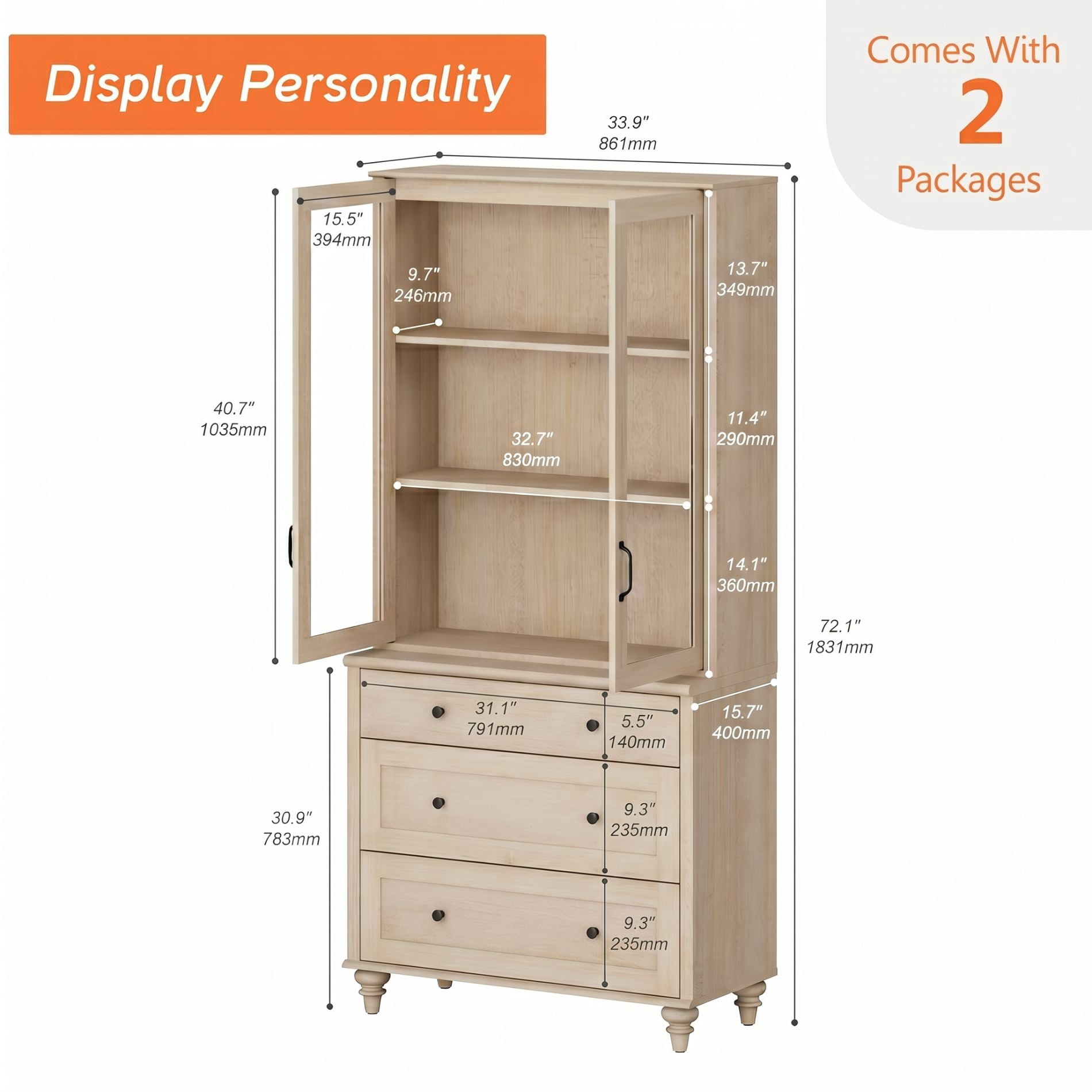 72"H × 34"W 5-Tier Farmhouse Wooden Library Bookcase with Glass Doors & 3 Drawers, Freestanding Storage Bookshelf for Living Room, Office & Kitchen, Beige