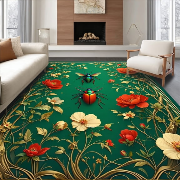 Flatwoven High Traffic Area Rug, Botanical Beetle & Bloom Area Accent, Non Slip, Stain Resistant, Washable Area Rugs for Living Room, Bedroom(Green, 4X6)