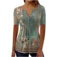 thumbnail image 1 of Blusas Umfun de manga corta para mujer, cuello en V, botones, informal, blusa plisada estampada, verde militar, talla 3XL, 1 of 3