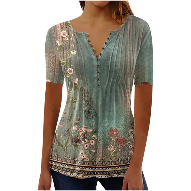 Blusas Umfun de manga corta para mujer, cuello en V, botones, informal, blusa plisada estampada, verde militar, talla 3XL