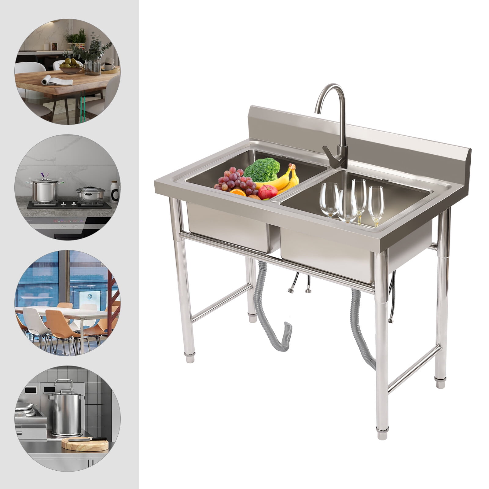 Freestanding Rectangular Silver Double Compartment Commercial Restaurant Utility Kitchen Sink Stainless Steel