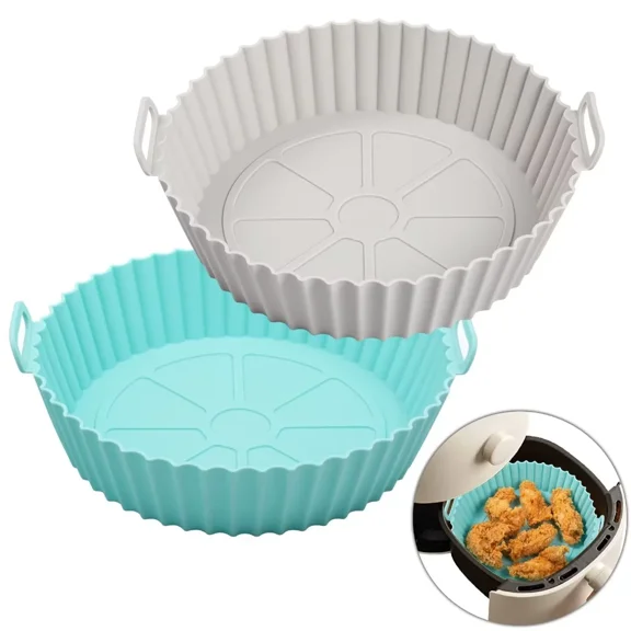 Air Fryer Liners, 2 Pack, 7.5'' Silicone Air Fryer Pot, Thickened Reusable Air Fryer Basket Fits 3QT-5QT Air Fryer, Heat-Resistant and Non-Stick Air Fryer Accessories, Mint& Gray