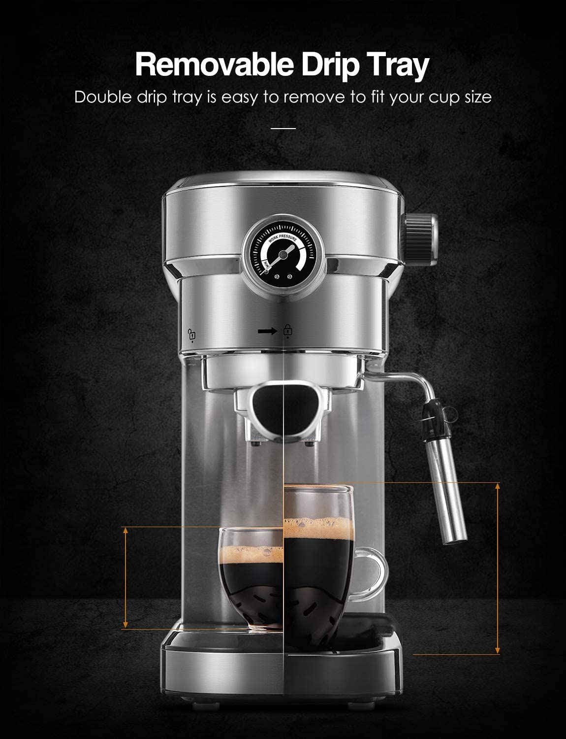 Brewsly Espresso Machine, 15 Bar Stainless Steel Espresso and Cappuccino Machine with Milk Frother, Sliver