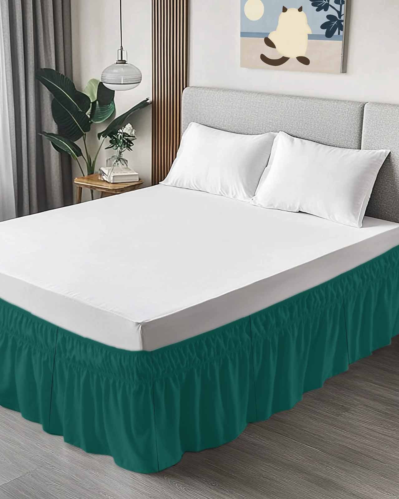 Dark Green Wrap Around Bed Skirts for Queen Bed 18" Drop, Bed Skirt with Adjustable Elastic Belt Dust Ruffle Bed Valance for Bedroom Hotel Luxury Modern Pure Dark Green Bed Frame Cover